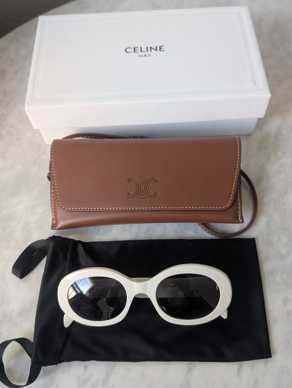 Celine White Oval Frame Sunglasses with Brown Leather Case